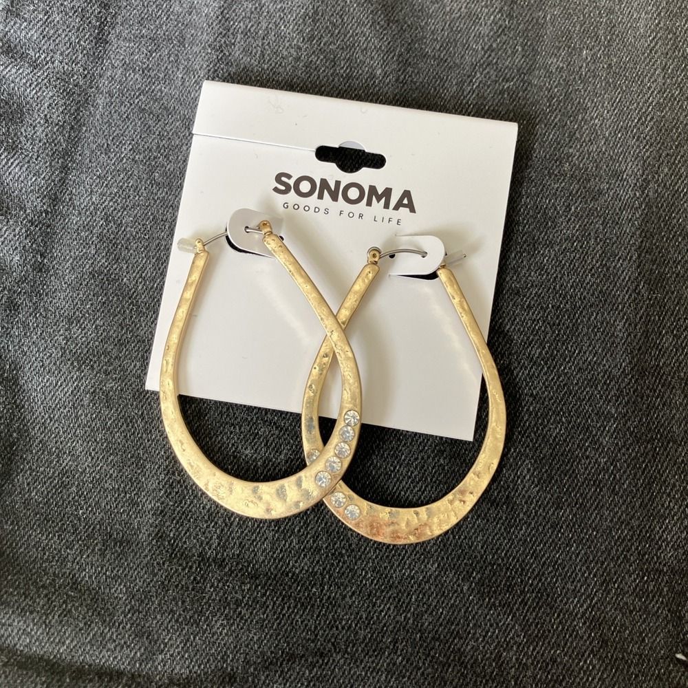 Sonoma Large Hammered Gold u shape Hoop Rhinestone Statement Earrings NWT Boho